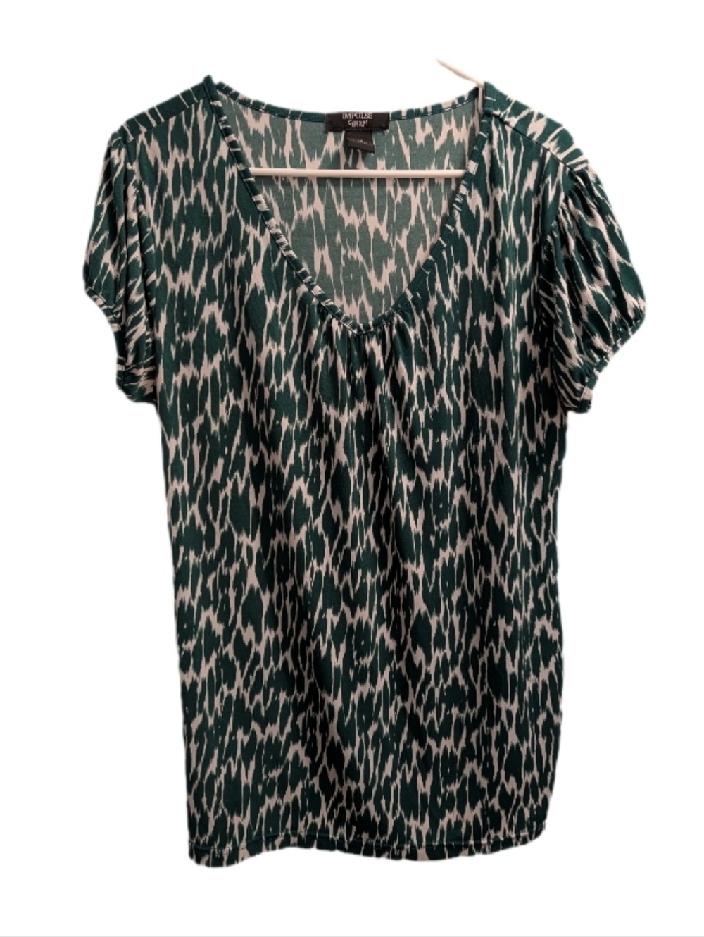 Impulse Casual Green and White Patterned V-Neck Top 1X